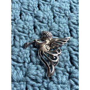 Vintage AAI Signed Silvertone Angel Brooch Pin Playing Trumpet 2.25 inches